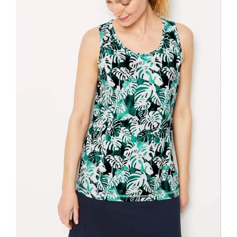 J. Jill Fit Tropical Performance Tank Womens XL Petite Green White Hawaiian Top